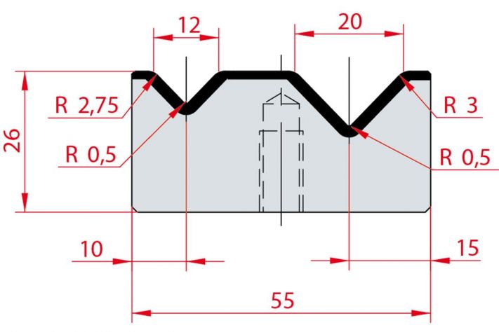 Cối chấn 2V 12/20 a=88º H26 Max. T/m=100