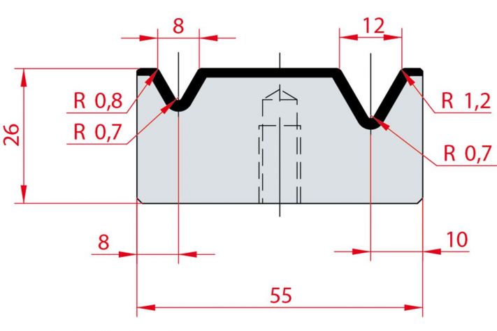 Cối chấn 2V 8/12 a=60º H26 Max. T/m=100