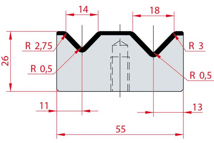 Cối chấn 2V 14/18 a=88º H26 Max. T/m=100