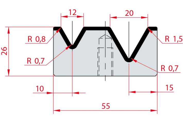 Cối chấn 2V 16/20 a=60º H26 Max. T/m=100