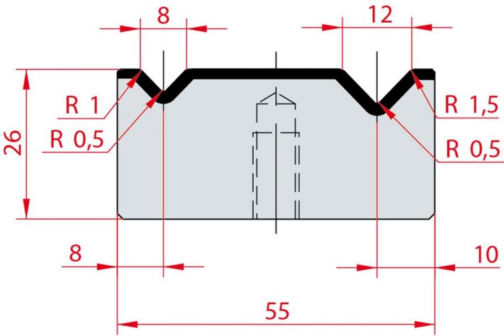 Cối chấn 2V 8/12 a=88º H26 Max. T/m=100